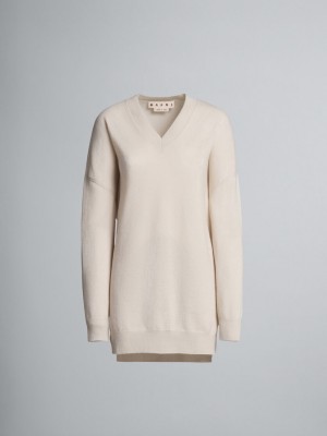 Marni Logo Cashmere V-neck Long πουλοβερ ασπρα | GREGJ67254