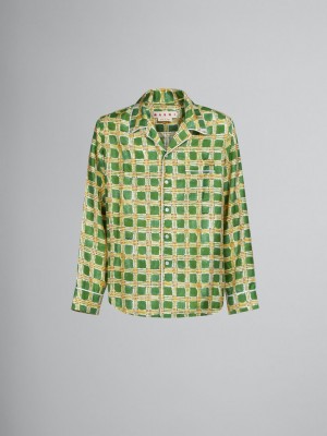 Marni Silk Twill Shirt With Check Fields Print πρασινο | GRIIZ84243