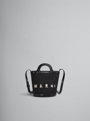 Marni Tropicalia Small Bucket Bag δερματινα And Raffia μαυρα | ZGRNQ92914