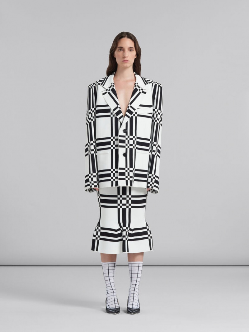 Marni Checked Viscose Sheath Skirt With Flounce Hem ασπρα | FGRHY26217