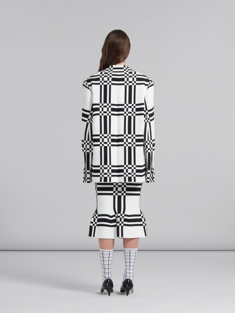 Marni Checked Viscose Sheath Skirt With Flounce Hem ασπρα | FGRHY26217