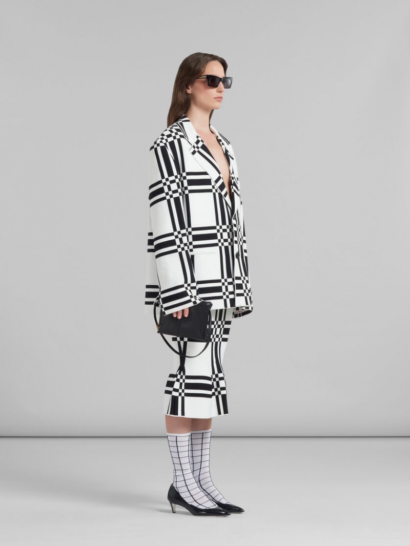 Marni Checked Viscose Sheath Skirt With Flounce Hem ασπρα | FGRHY26217