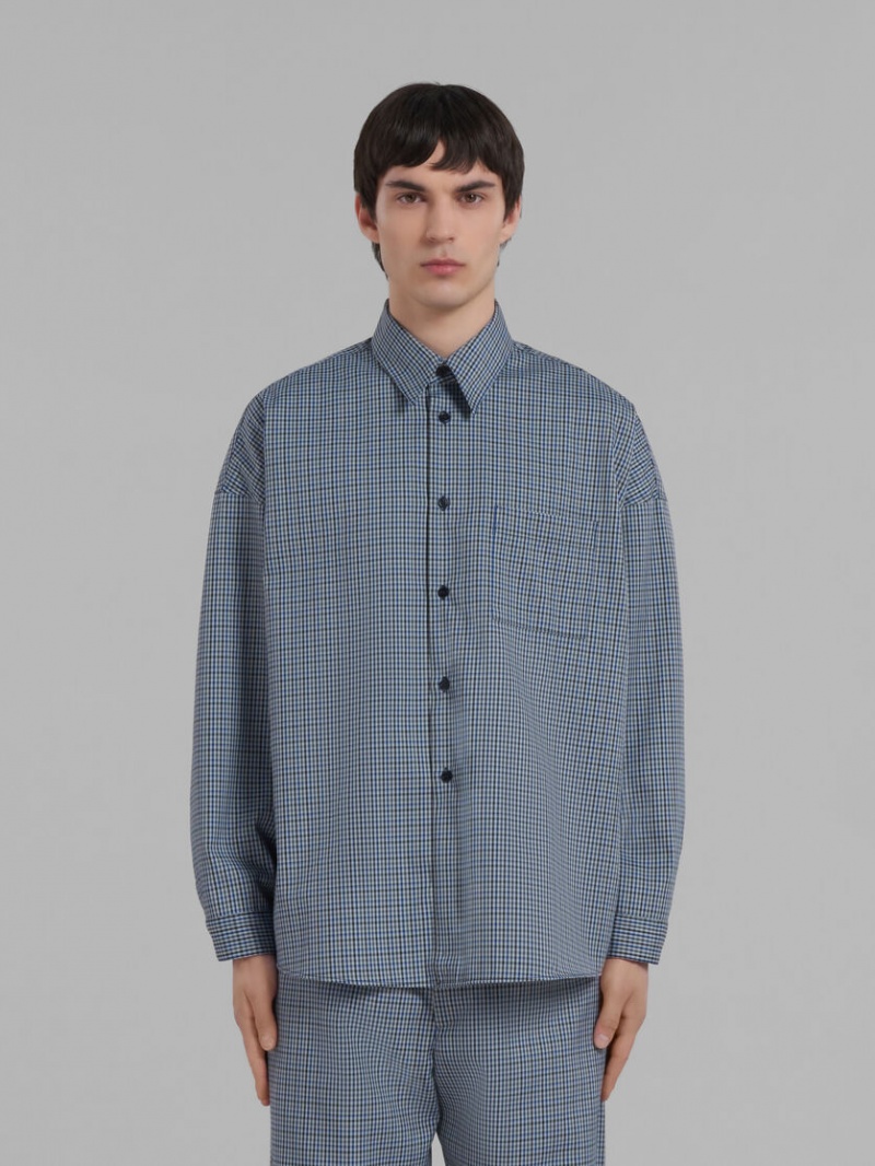 Marni Compact Μαλλί Shirt With Checked Motif μπλε | EGRHC90614