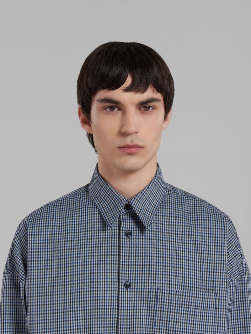 Marni Compact Μαλλί Shirt With Checked Motif μπλε | EGRHC90614