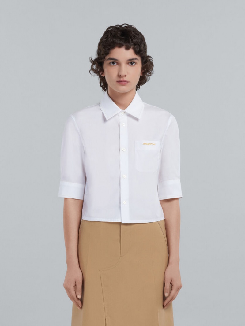 Marni Cropped Poplin Shirt With Embroidered Logo ασπρα | GREAH12935