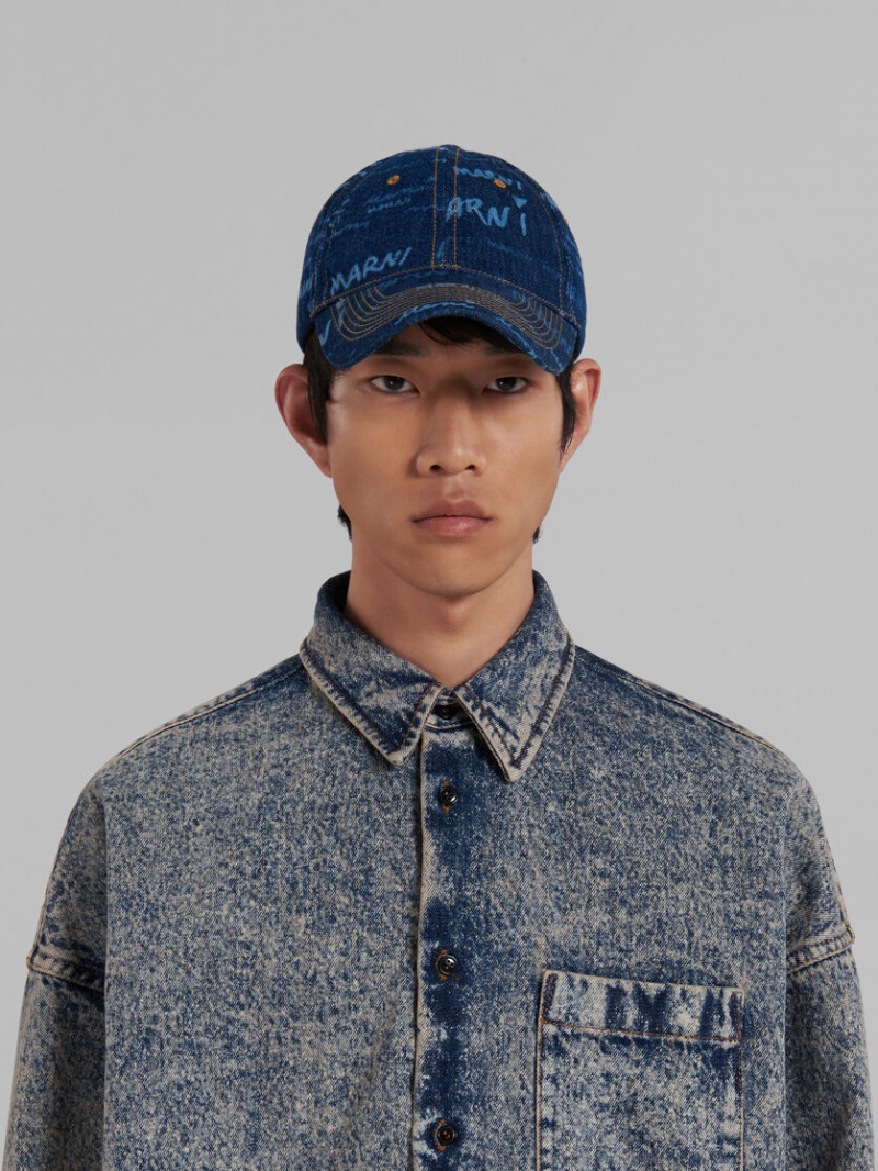 Marni Denim Baseball Cap With Mega Marni Motif μπλε | YGRVQ81087