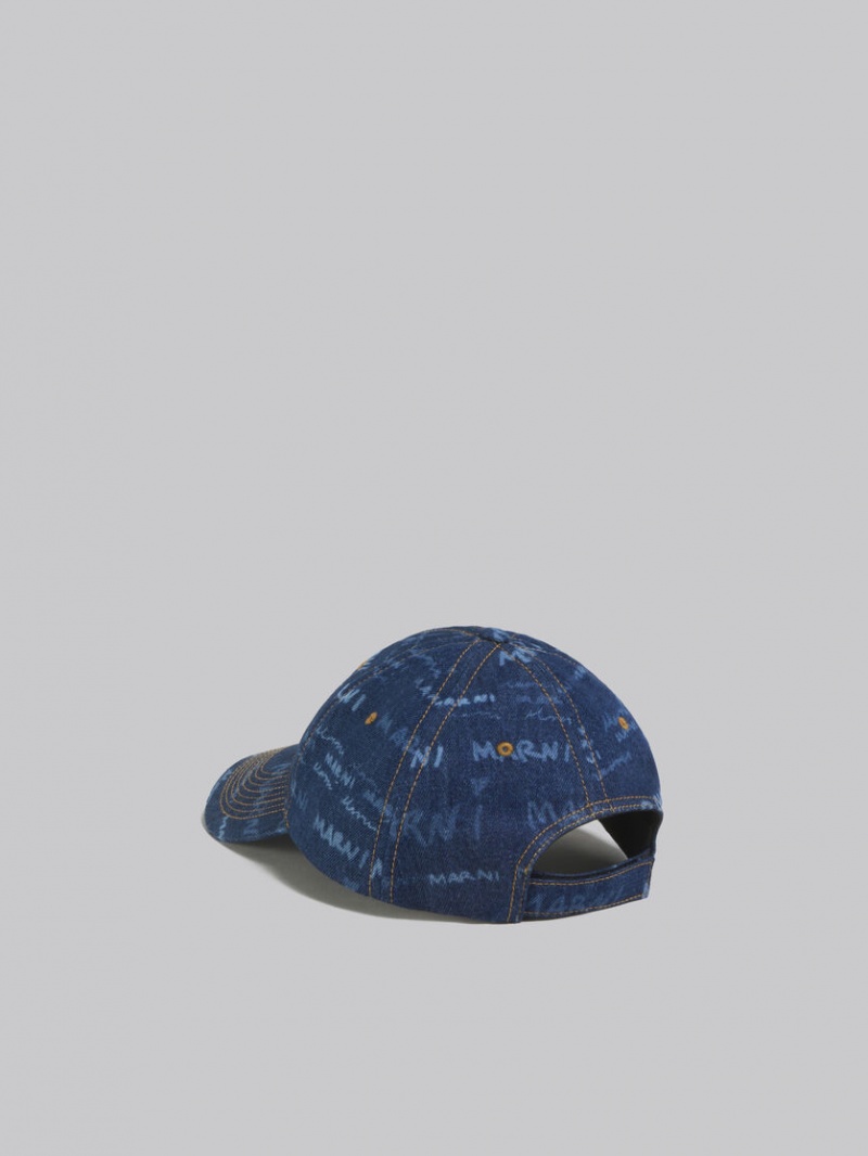 Marni Denim Baseball Cap With Mega Marni Motif μπλε | YGRVQ81087