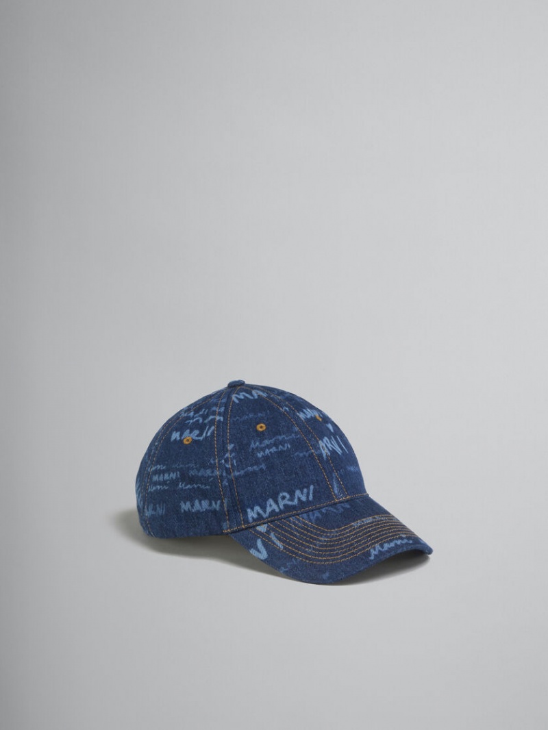 Marni Denim Baseball Cap With Mega Marni Motif μπλε | YGRVQ81087