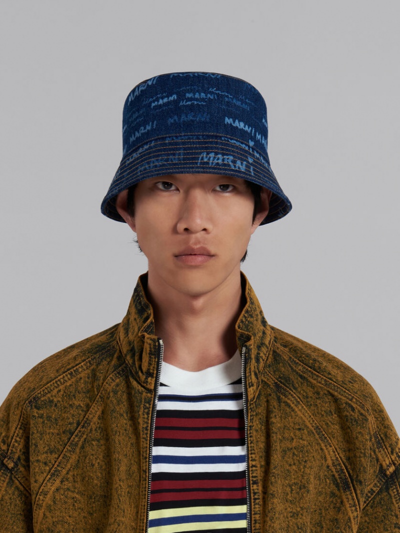 Marni Denim Bucket Hat With Mega Marni Motif μπλε | GRQCS90655