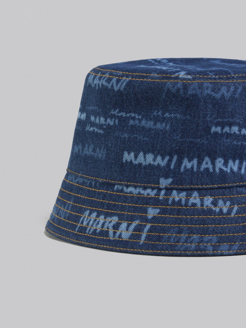 Marni Denim Bucket Hat With Mega Marni Motif μπλε | GRQCS90655