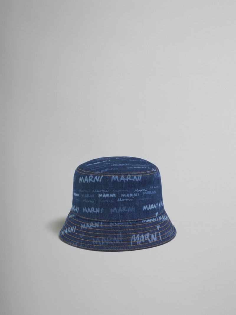 Marni Denim Bucket Hat With Mega Marni Motif μπλε | GRQCS90655