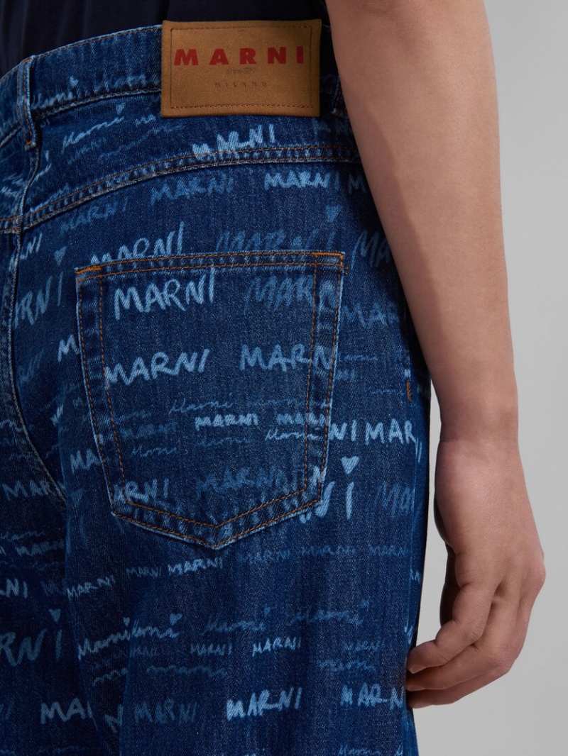 Marni Denim Ευθεία Trousers With Mega Marni Print μπλε | MGRHR41925