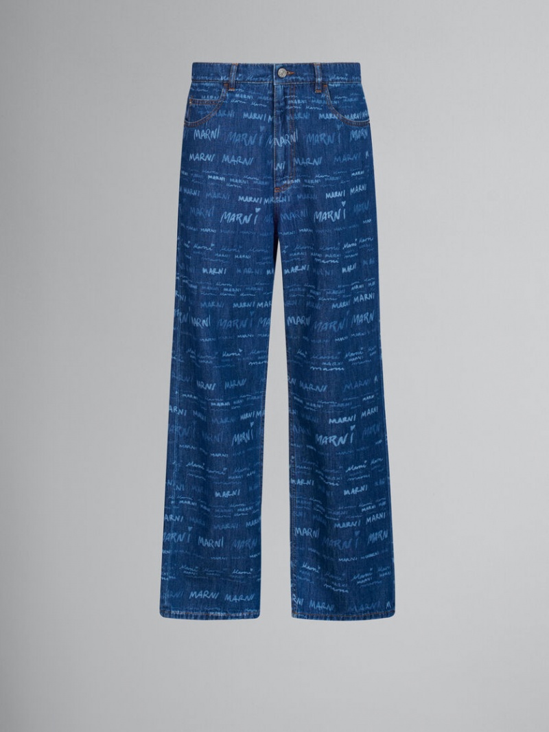 Marni Denim Ευθεία Trousers With Mega Marni Print μπλε | MGRHR41925