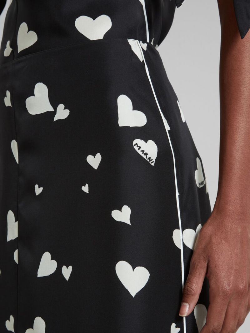 Marni Flared Silk Skirt With Bunch Of Hearts Print μαυρα | XGRGW92854