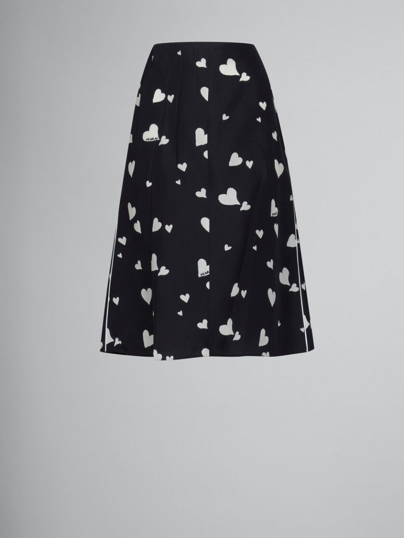 Marni Flared Silk Skirt With Bunch Of Hearts Print μαυρα | XGRGW92854