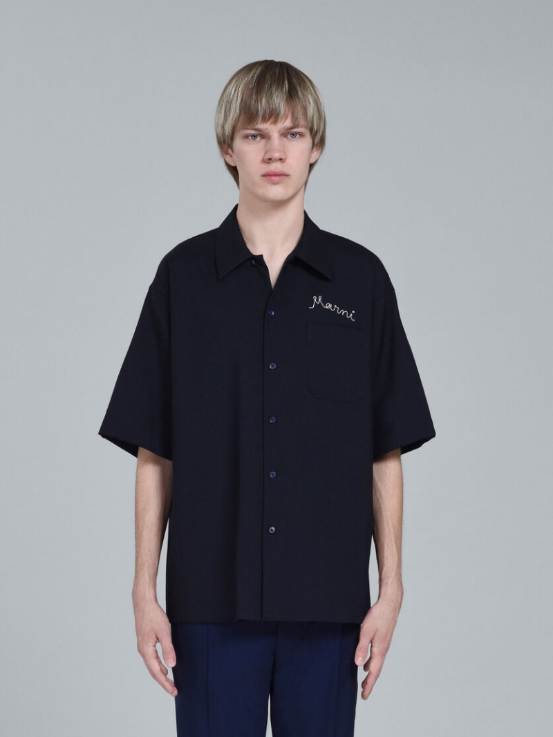 Marni Logo Embroidery Bowling Shirt μαυρα | GRJKU88931