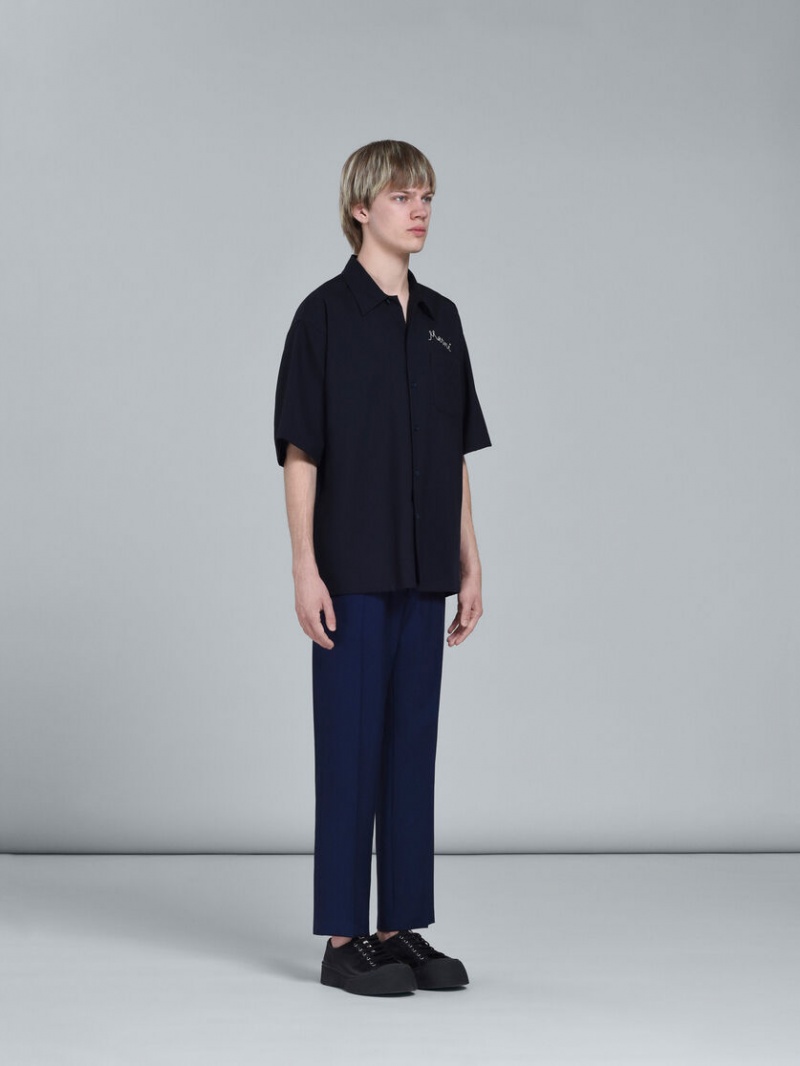 Marni Logo Embroidery Bowling Shirt μαυρα | GRJKU88931