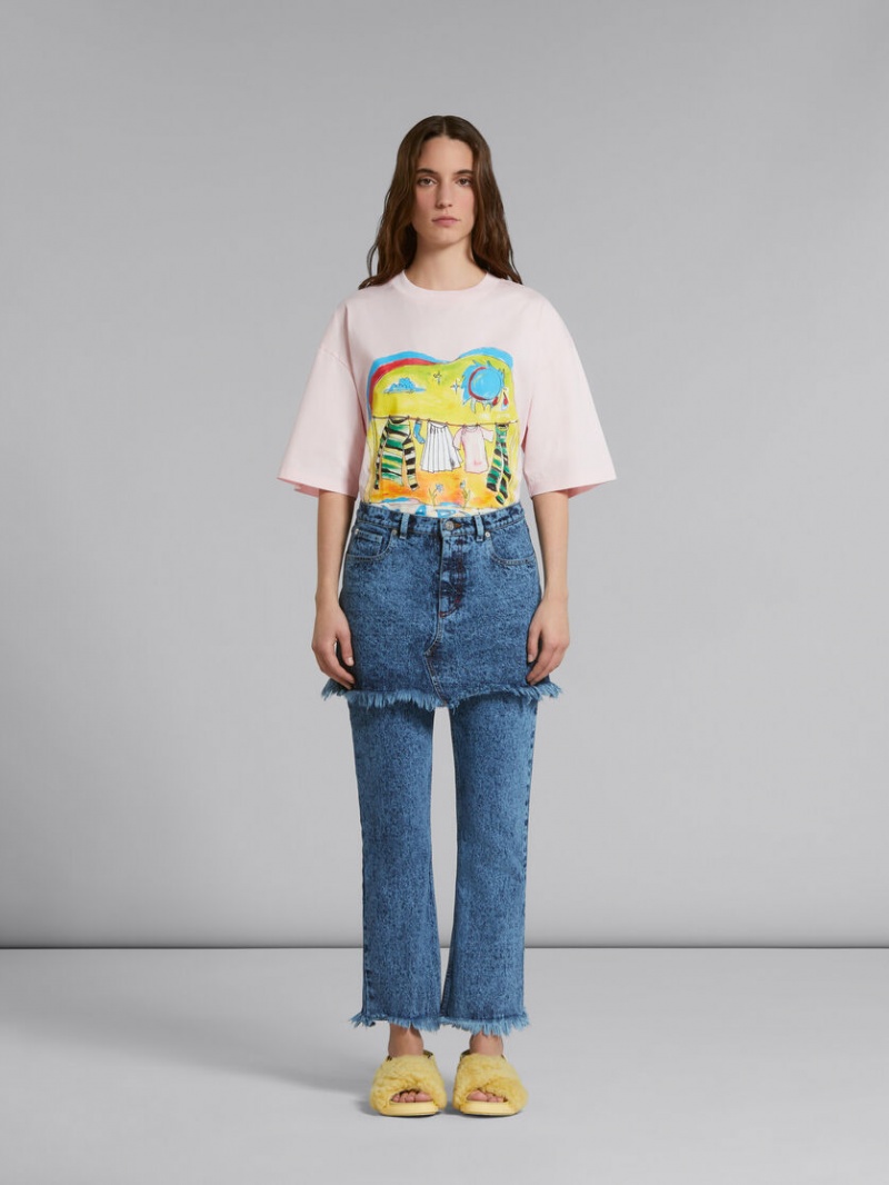 Marni Marbled Denim Trousers With Skirt Overlay μπλε | DGRKV96791