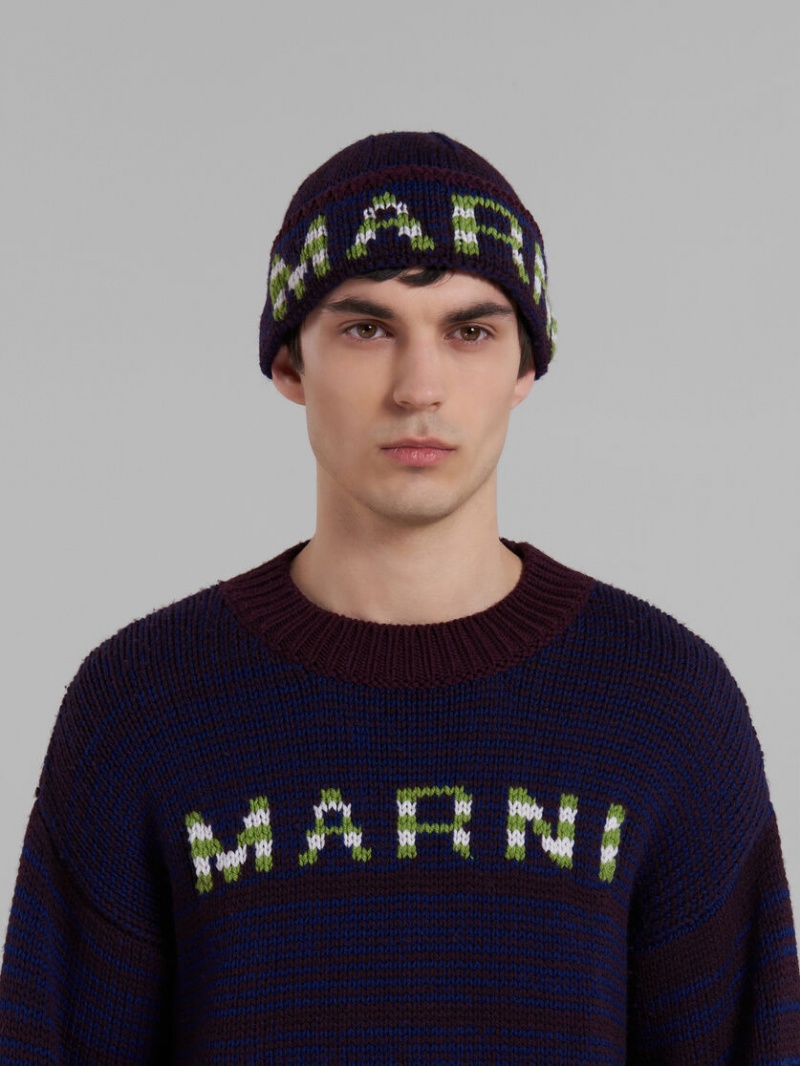 Marni Mouliné Beanie With Ριγέ Logo μπλε | GRNZX18595