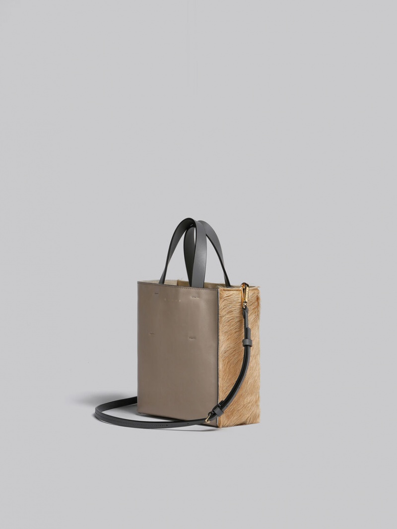 Marni Museo Soft Mini Bag Long-hair Calfskin ανοιχτο καφε Μπεζ γκρι | DGRVO64133