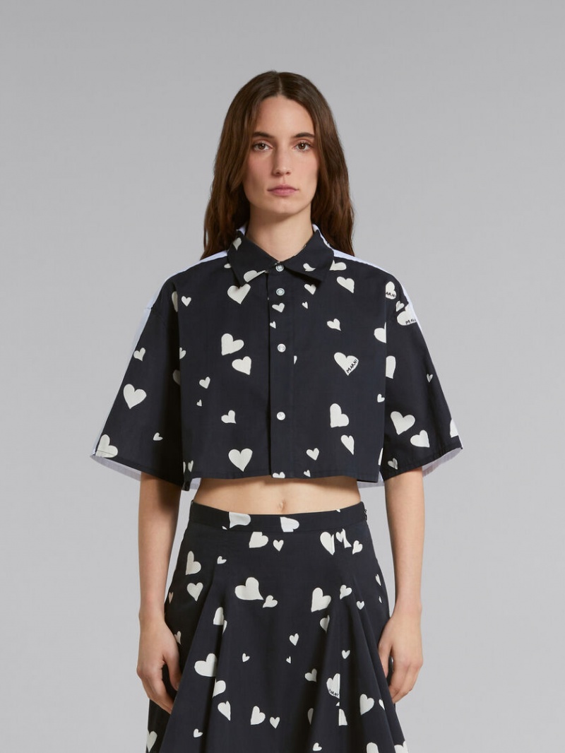 Marni Poplin Shirt With Bunch Of Hearts Print μαυρα | EGRHC21393