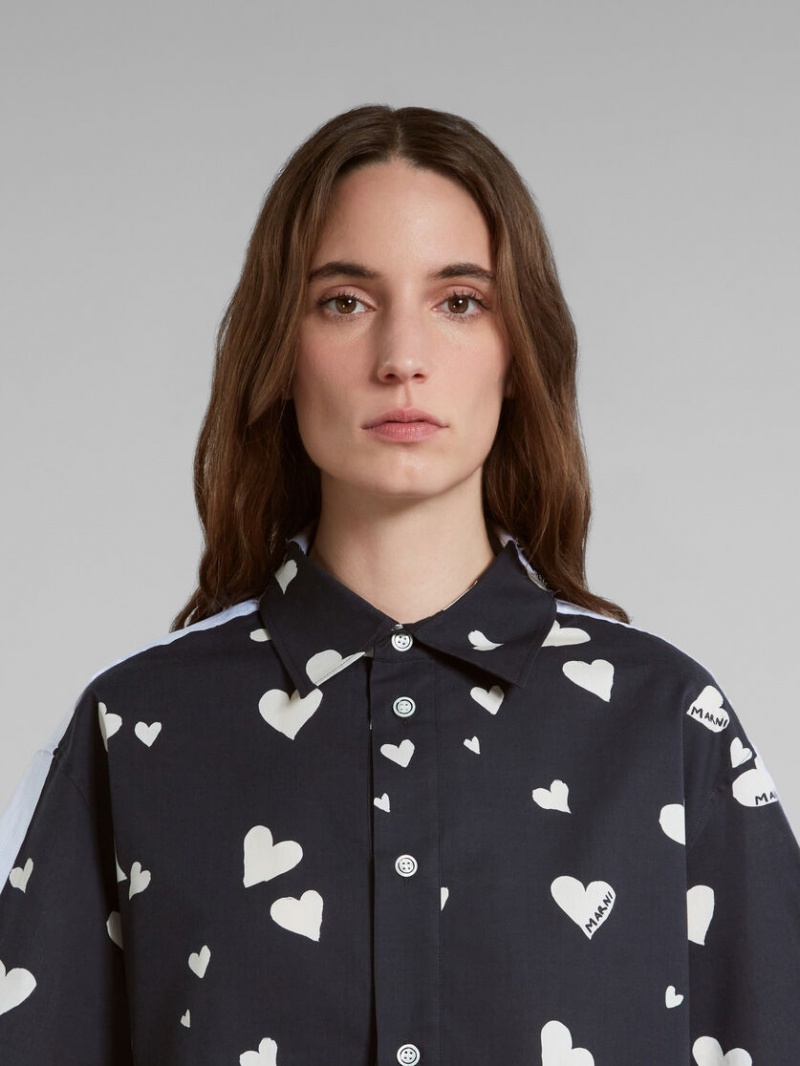 Marni Poplin Shirt With Bunch Of Hearts Print μαυρα | EGRHC21393