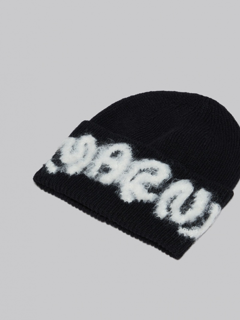 Marni Shetland Μαλλί Logo Beanie μαυρα | ZGRNQ99530