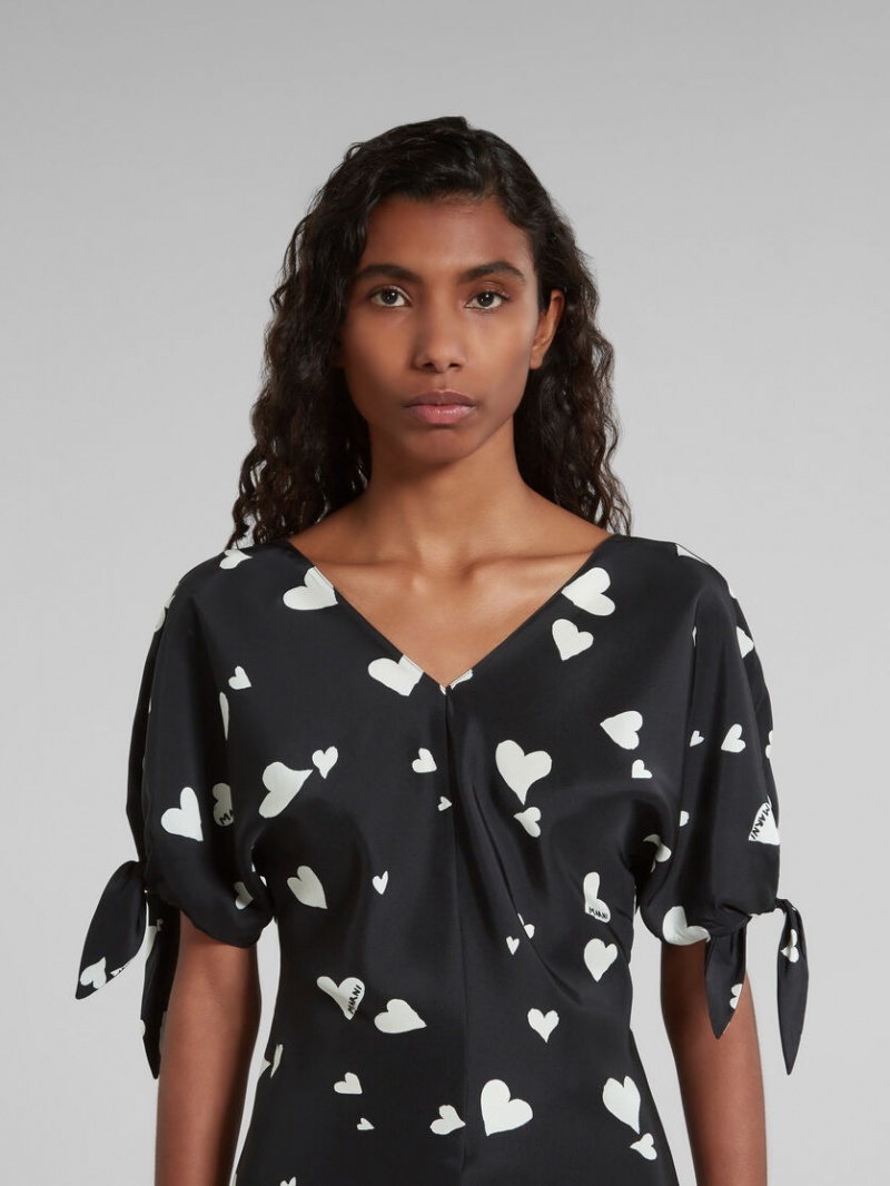 Marni Silk Bow-sleeve Top With Bunch Of Hearts Print μαυρα | GRCVG31424