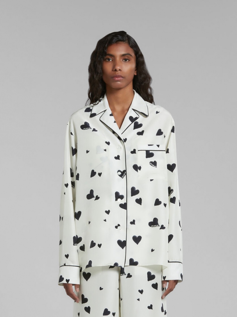 Marni Silk Pyjama Shirt With Bunch Of Hearts Print ασπρα | GGRUC29801