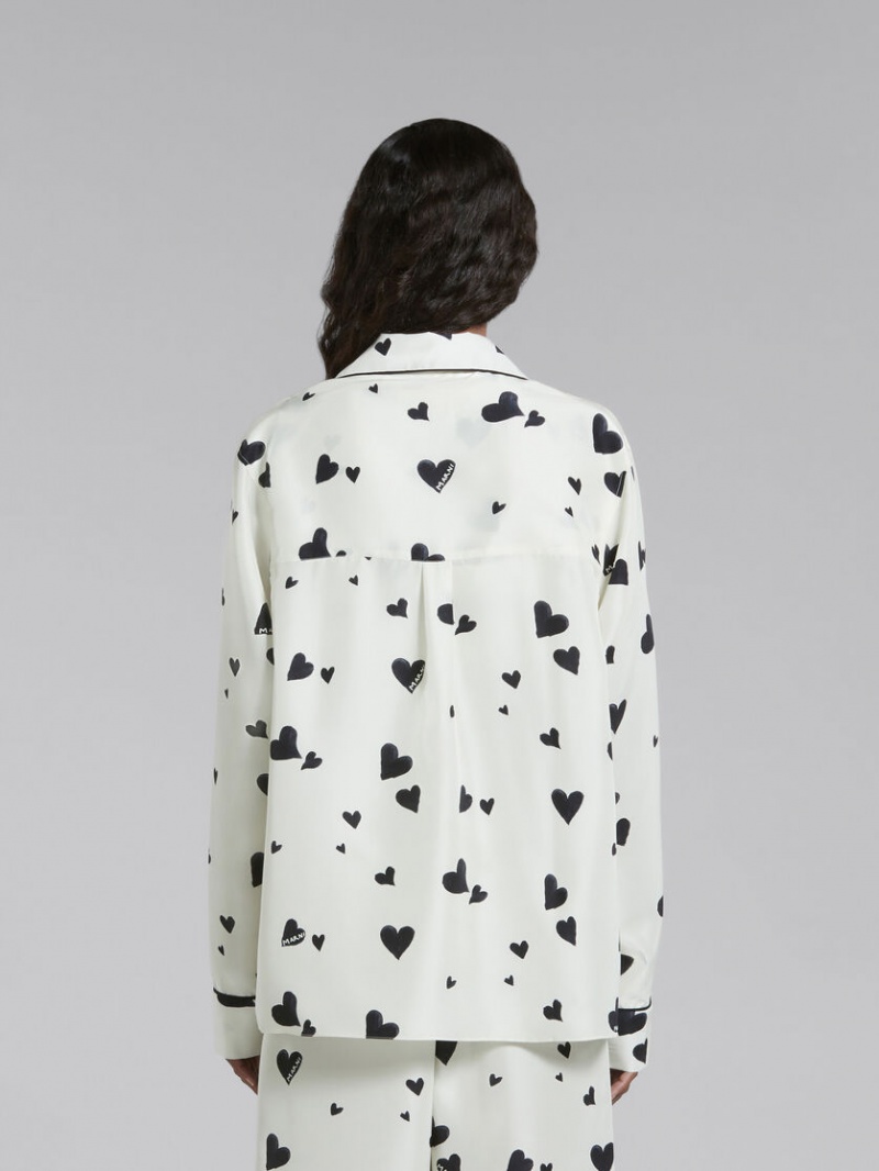 Marni Silk Pyjama Shirt With Bunch Of Hearts Print ασπρα | GGRUC29801