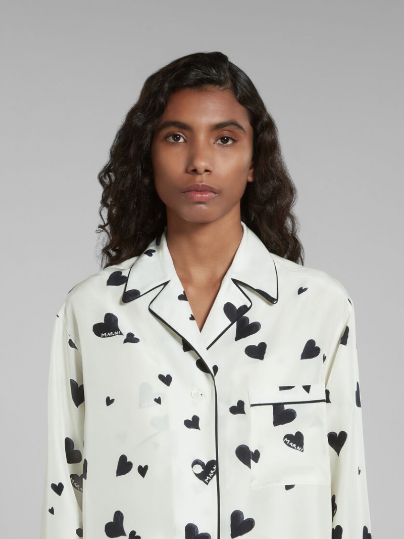 Marni Silk Pyjama Shirt With Bunch Of Hearts Print ασπρα | GGRUC29801