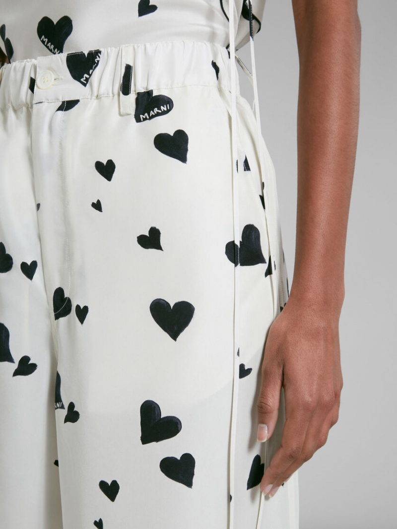 Marni Silk Pyjama Trousers With Bunch Of Hearts Print ασπρα | PGRER35909