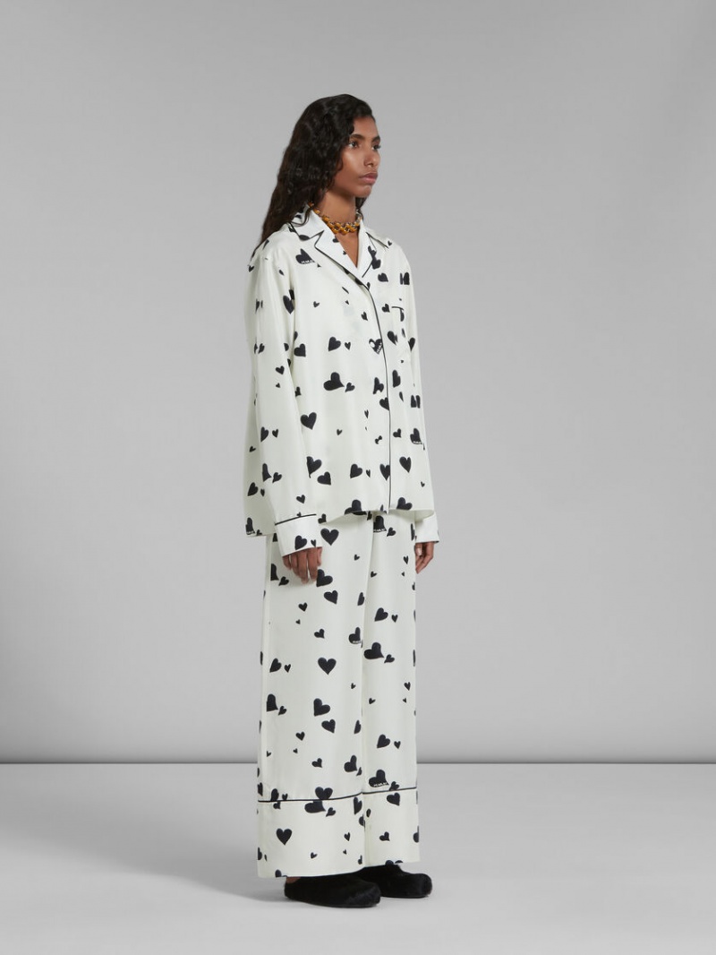 Marni Silk Pyjama Trousers With Bunch Of Hearts Print ασπρα | PGRER35909