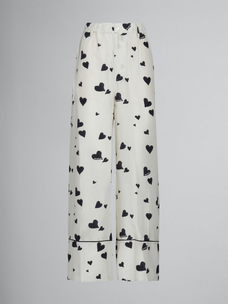 Marni Silk Pyjama Trousers With Bunch Of Hearts Print ασπρα | PGRER35909