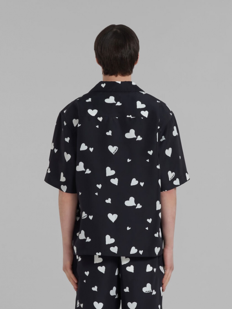 Marni Silk Shirt With Bunch Of Hearts Print μαυρα | TGRWZ27603