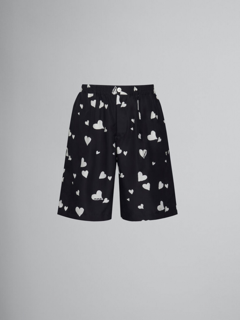 Marni Silk Shorts With Bunch Of Hearts Print μαυρα | SGRVO41233