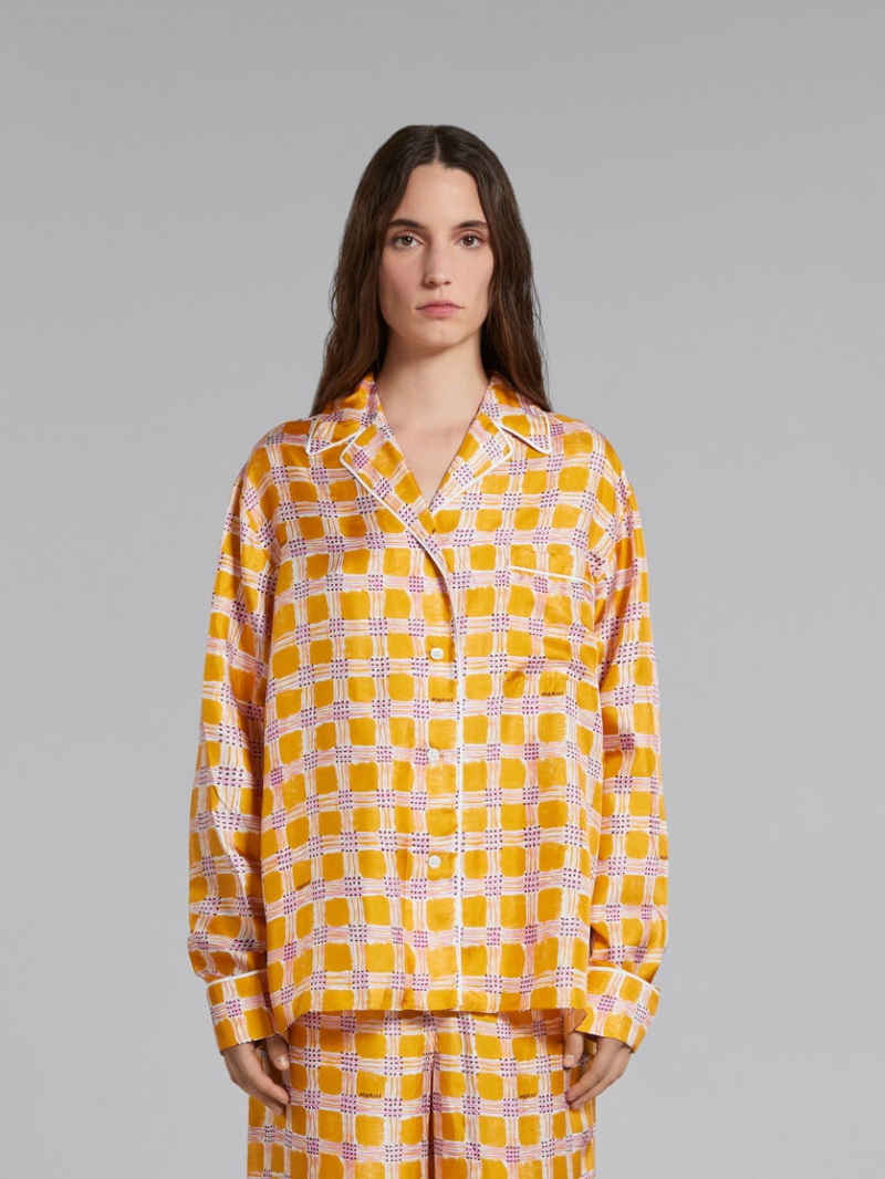 Marni Silk Twill Pyjama Shirt With Check Fields Print κίτρινα | QGRWA25421