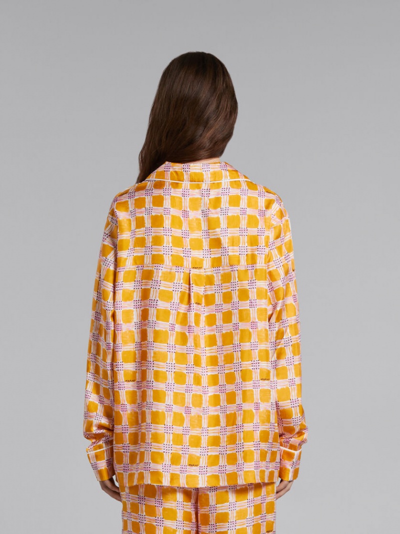 Marni Silk Twill Pyjama Shirt With Check Fields Print κίτρινα | QGRWA25421