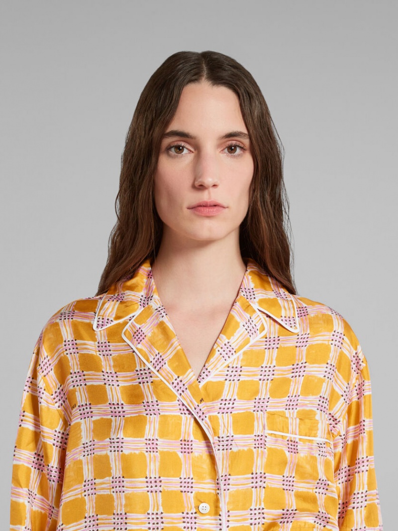 Marni Silk Twill Pyjama Shirt With Check Fields Print κίτρινα | QGRWA25421