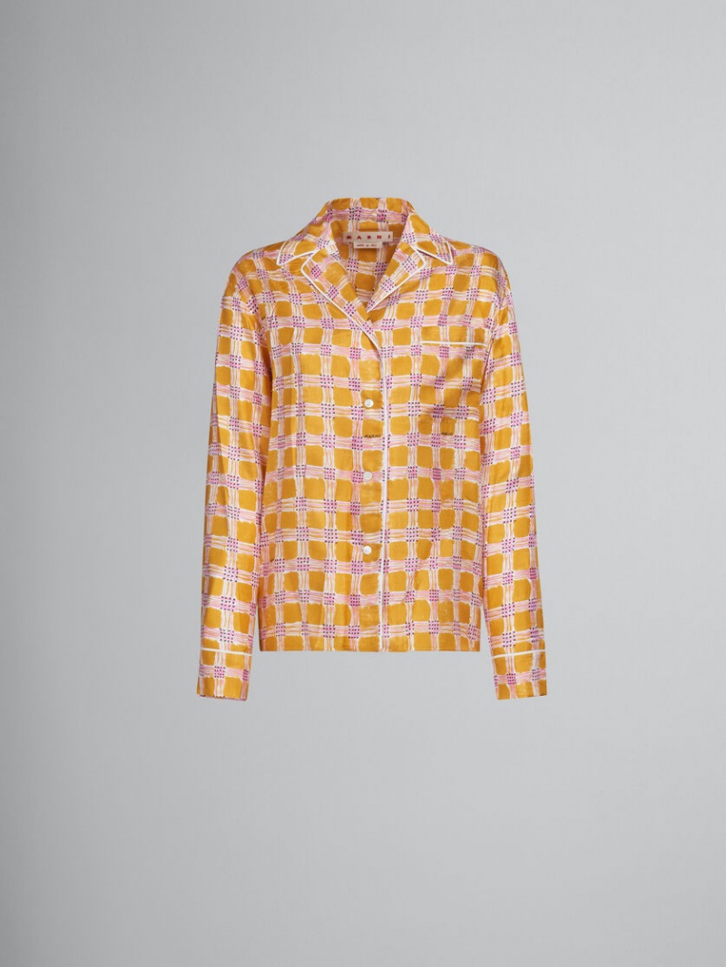 Marni Silk Twill Pyjama Shirt With Check Fields Print κίτρινα | QGRWA25421