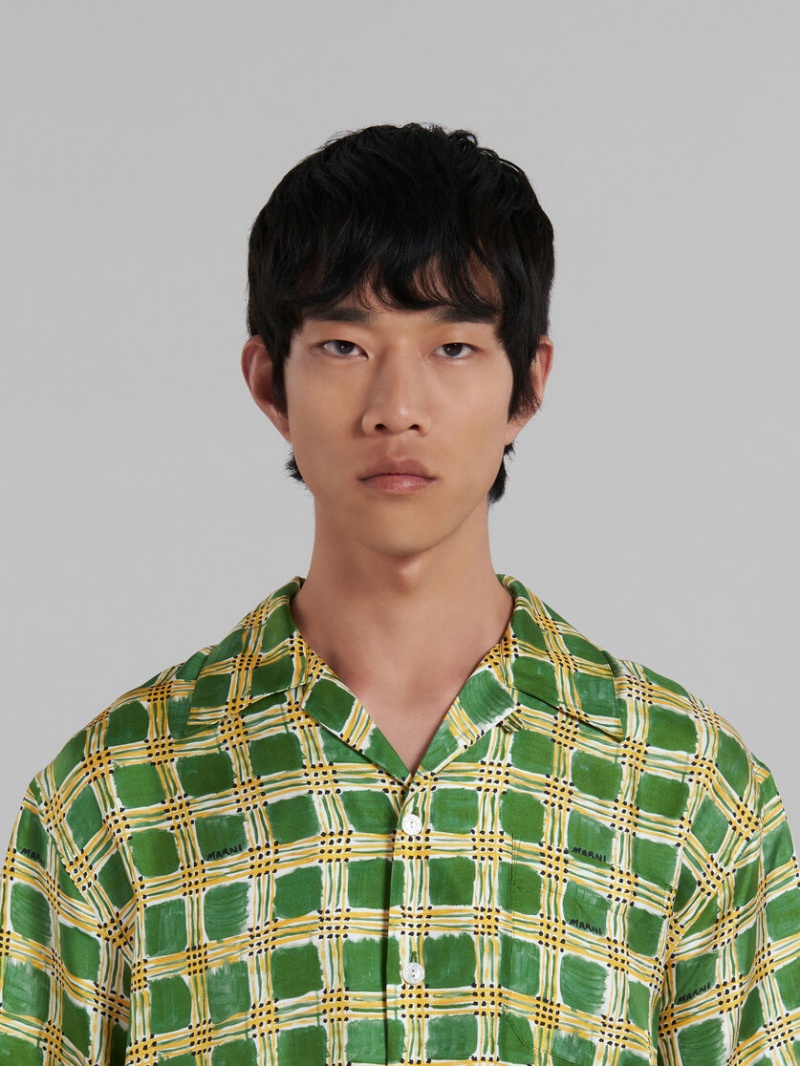 Marni Silk Twill Shirt With Check Fields Print πρασινο | PGRQX99996