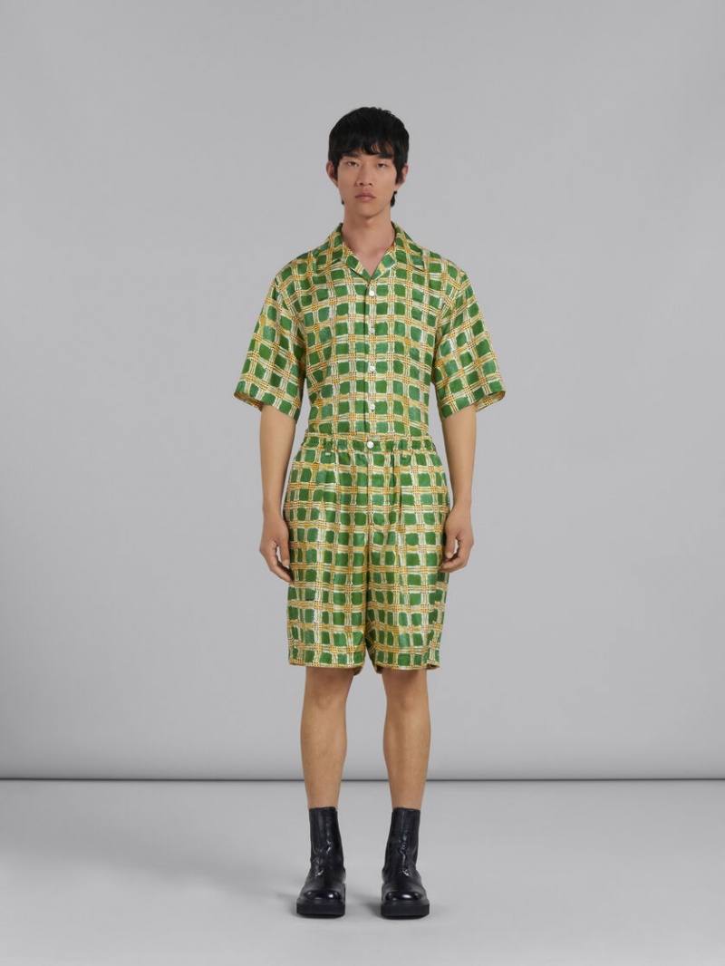 Marni Silk Twill Shorts With Check Fields Print πρασινο | DGRKV70260