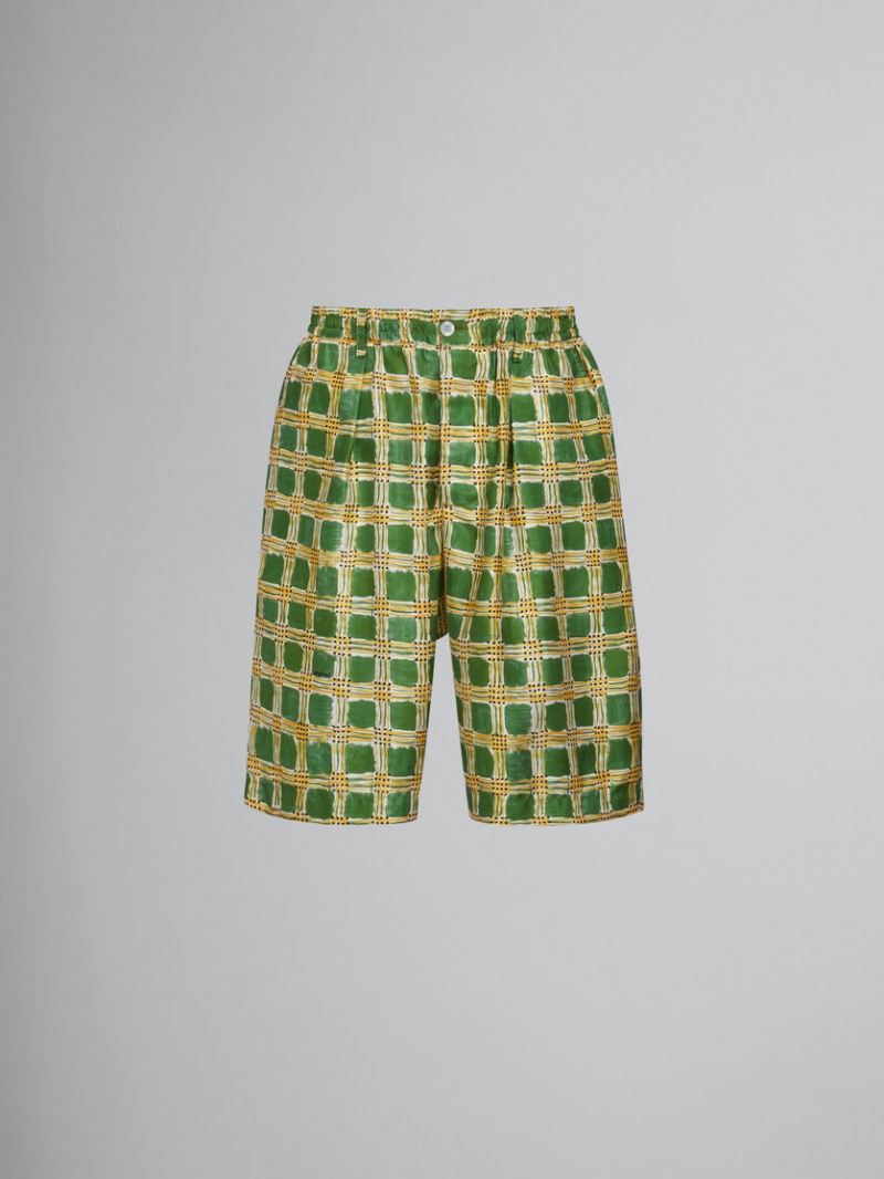 Marni Silk Twill Shorts With Check Fields Print πρασινο | DGRKV70260