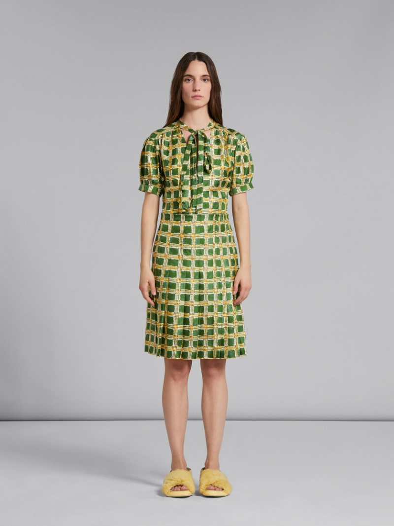 Marni Silk Twill Skirt With Check Fields Print πρασινο | GRJBT76855