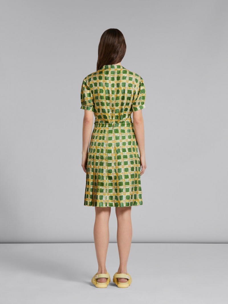 Marni Silk Twill Skirt With Check Fields Print πρασινο | GRJBT76855