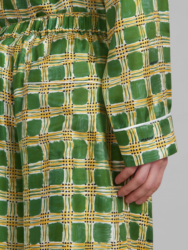 Marni Silk Twill Trousers With Check Fields Print πρασινο | GRJBT14156