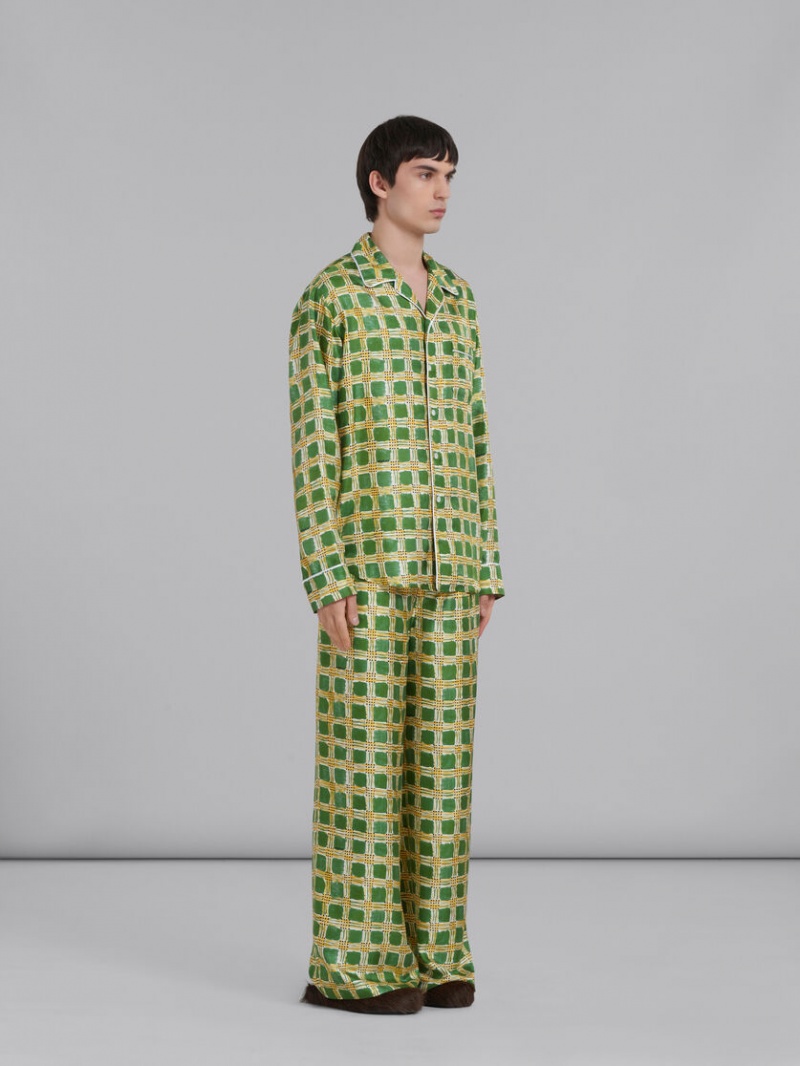 Marni Silk Twill Trousers With Check Fields Print πρασινο | GRJBT14156