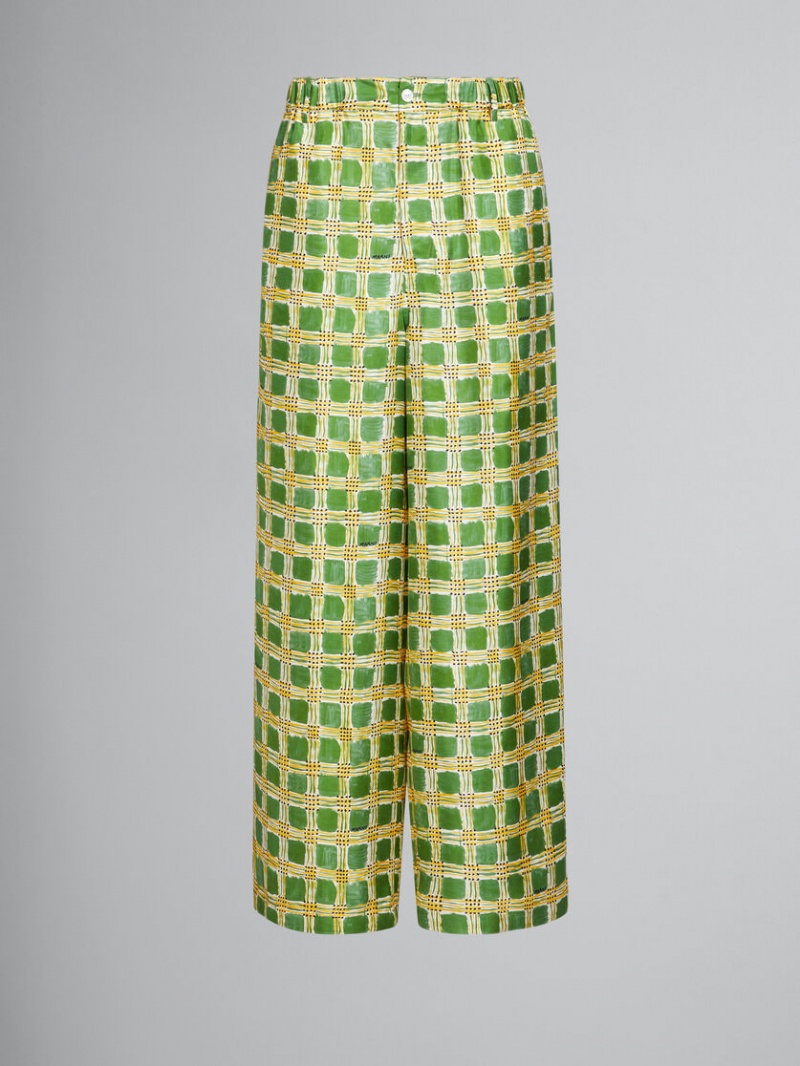 Marni Silk Twill Trousers With Check Fields Print πρασινο | GRJBT14156