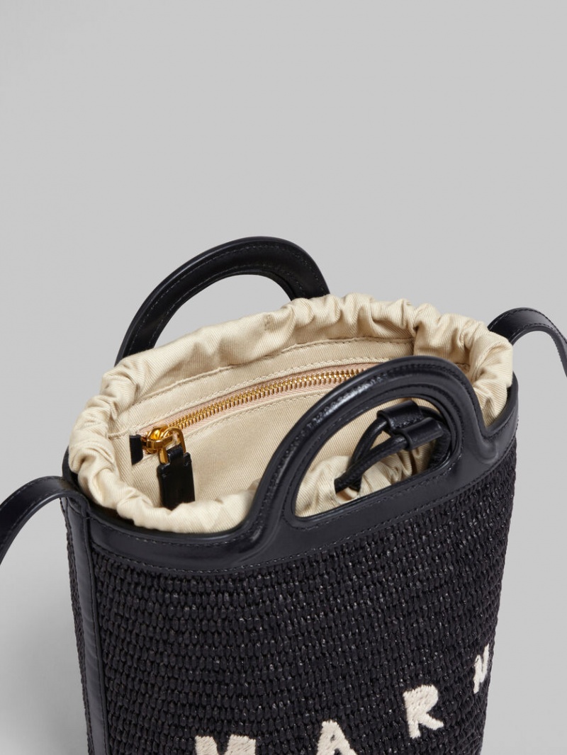 Marni Tropicalia Small Bucket Bag δερματινα And Raffia μαυρα | ZGRNQ92914