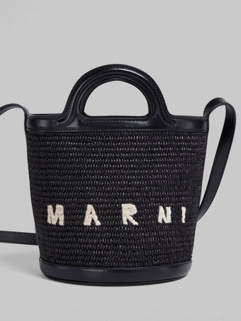 Marni Tropicalia Small Bucket Bag δερματινα And Raffia μαυρα | ZGRNQ92914